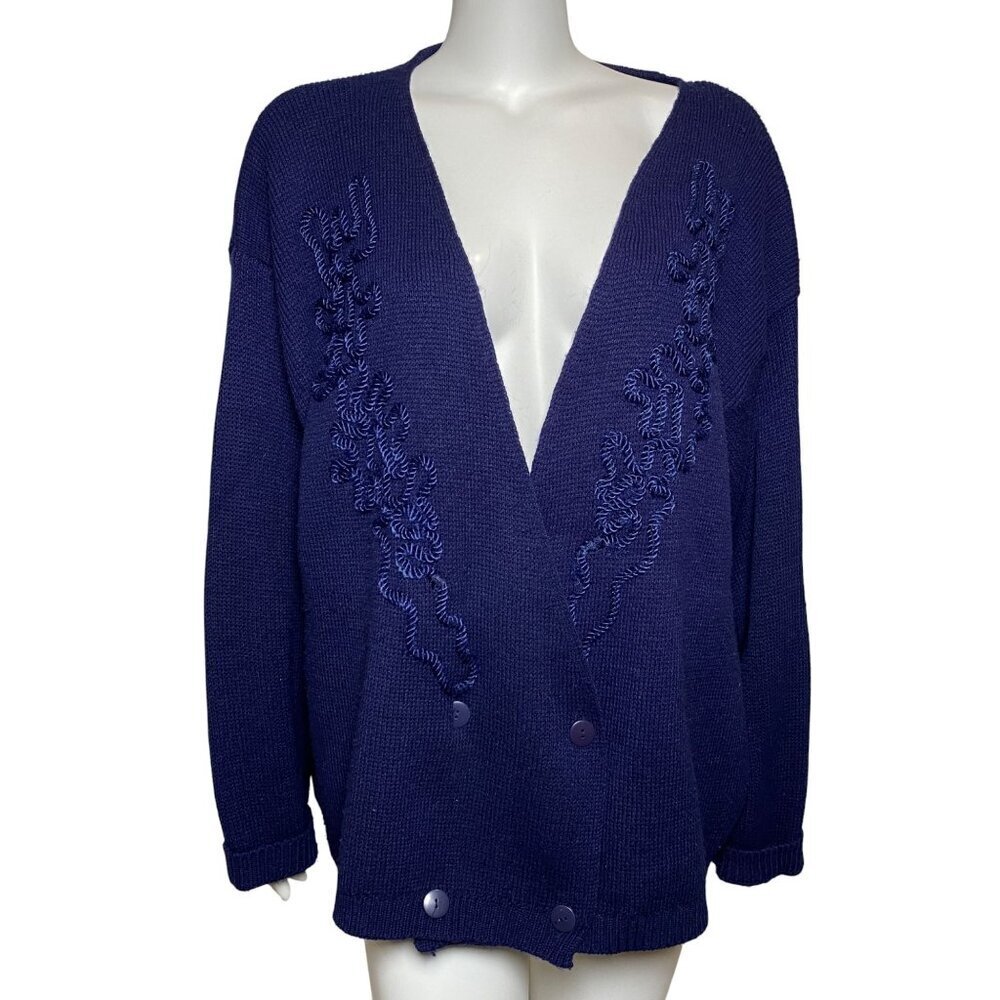 Vintage C.S.T. Studio Cardigan Sweater Womens Size 46 Embroidered Detail Blue